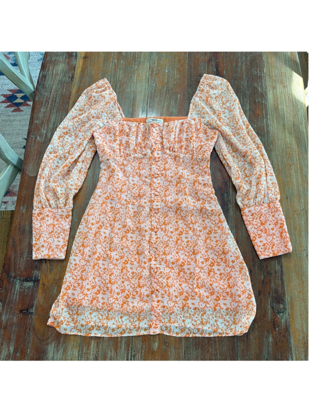 The East Order Orange White Floral Mini Dress Long Sleeve Square Neck Buttons S